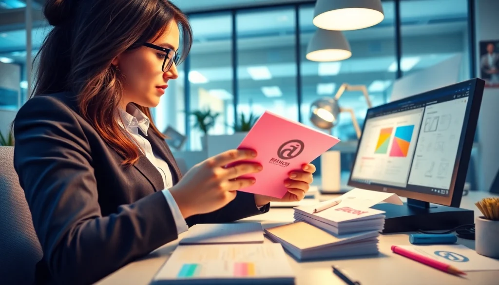 Spauda ant bloknotų parodyta modernioje biuro aplinkoje su ryškiais bloknotų dizainais ir profesionaliu dizaineriu.