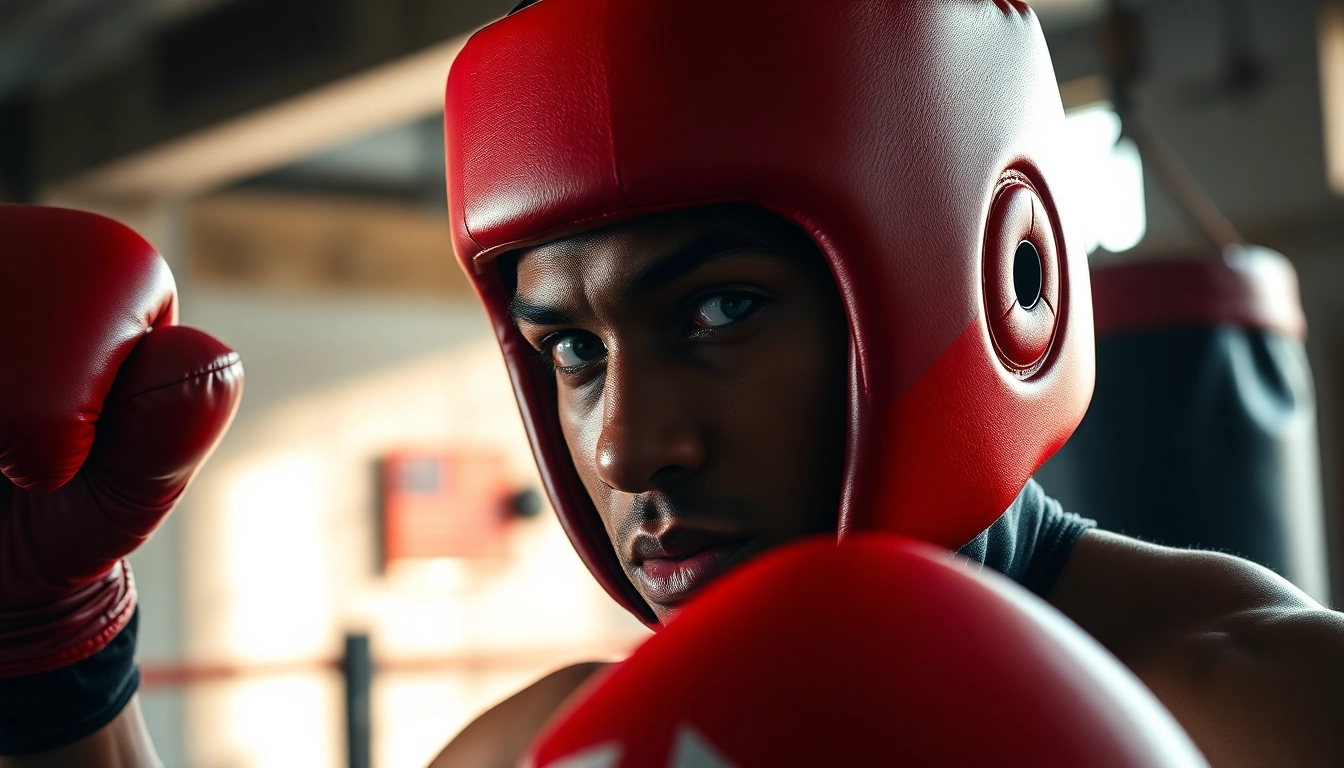 Kämpfer trainiert energisch mit headgear boxing im Gym, zeigt Entschlossenheit.
