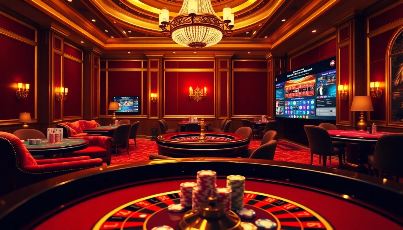 Scène engageante d'un site de casino en ligne présentant des tables de jeu luxueuses et des éléments de jeu en ligne vibrants.