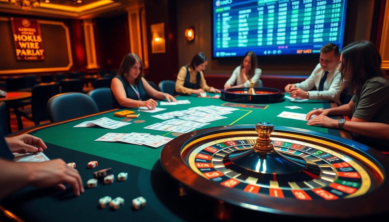 Dynamic casino scene showcasing Mix Parlay betting excitement with engaged players, betting slips, and a spinning roulette wheel.