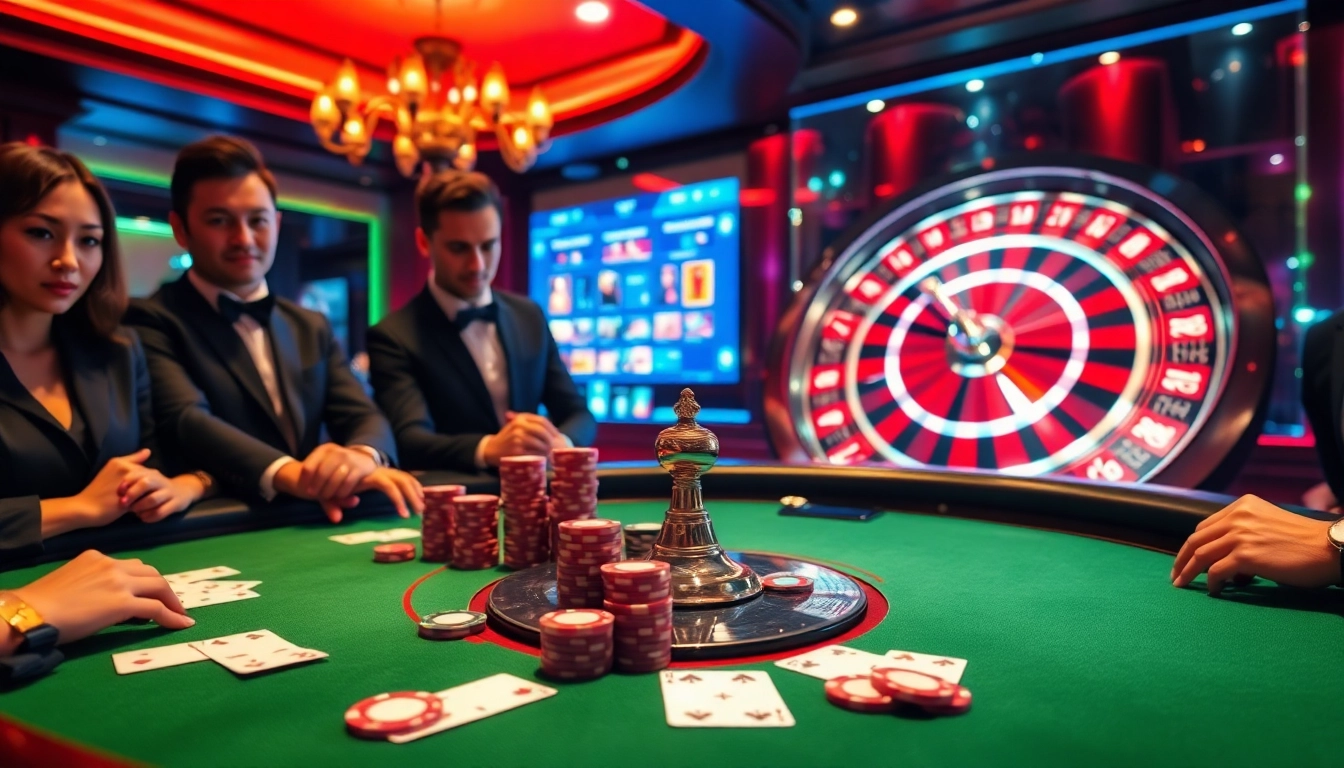 Scène engageante illustrant un site de casino en ligne luxueux avec des activités de poker, de roulette et de paris.