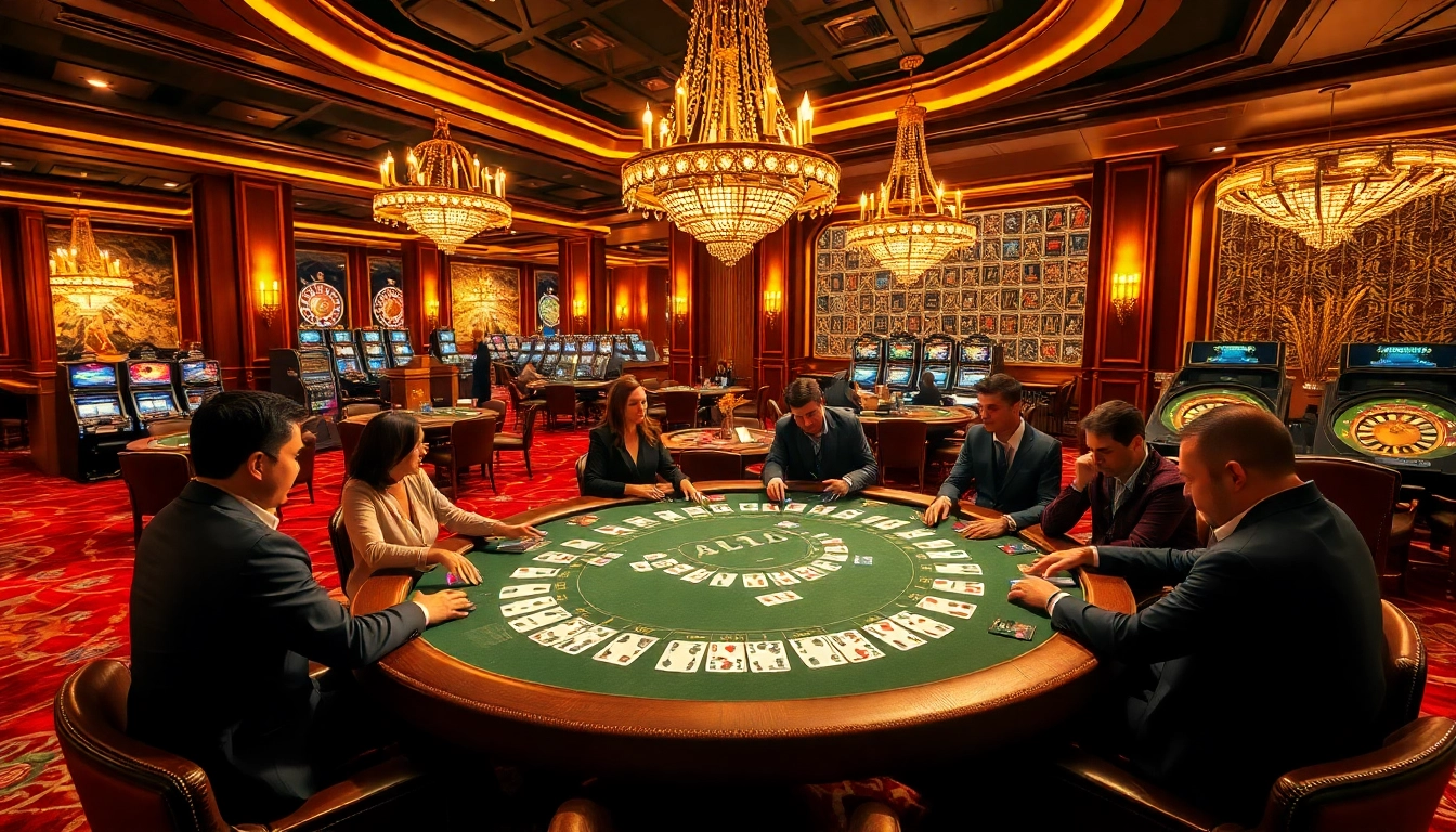 Des joueurs de poker captivants sur un site de casino en ligne luxueux avec des jetons de poker vibrants et des cartes.