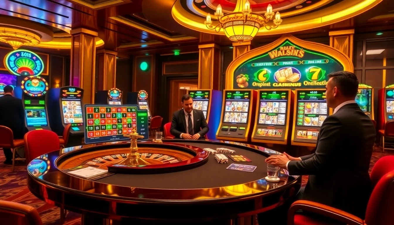 Scène captivante d'un site de casino en ligne présentant des jetons de poker, des roues de roulette et des machines à sous.