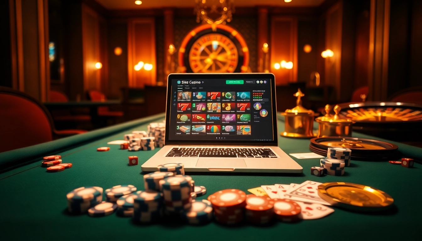 Scène engageante de jeux d'argent en ligne présentant un site de casino en ligne vibrant avec des éléments de casino luxueux.