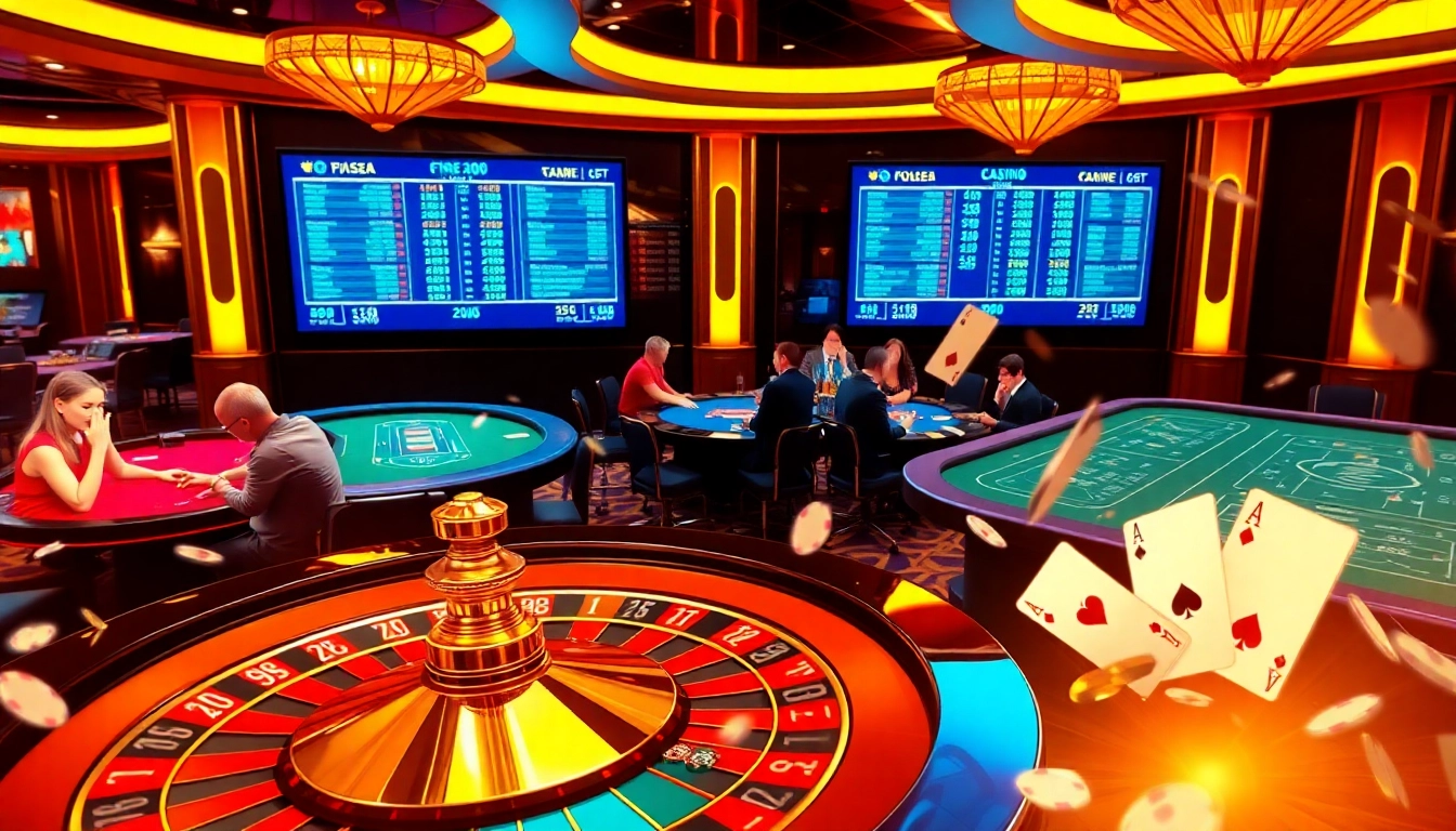 Cette image vibrante capture l'excitation du site de casino en ligne avec des joueurs aux tables de poker virtuelles et une roulette qui tourne.