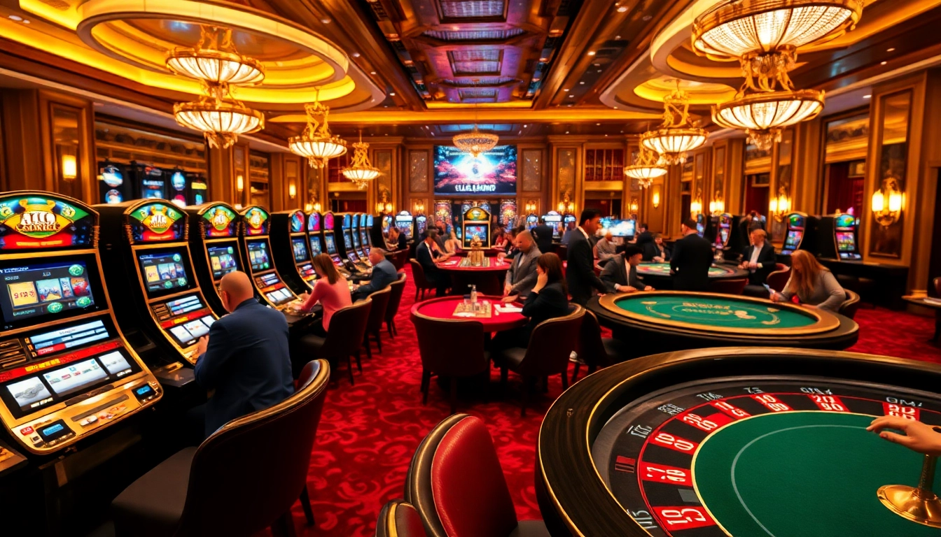 Des joueurs profitant d'une expérience vibrante sur un site de casino en ligne avec des jetons de poker et des tables de roulette.