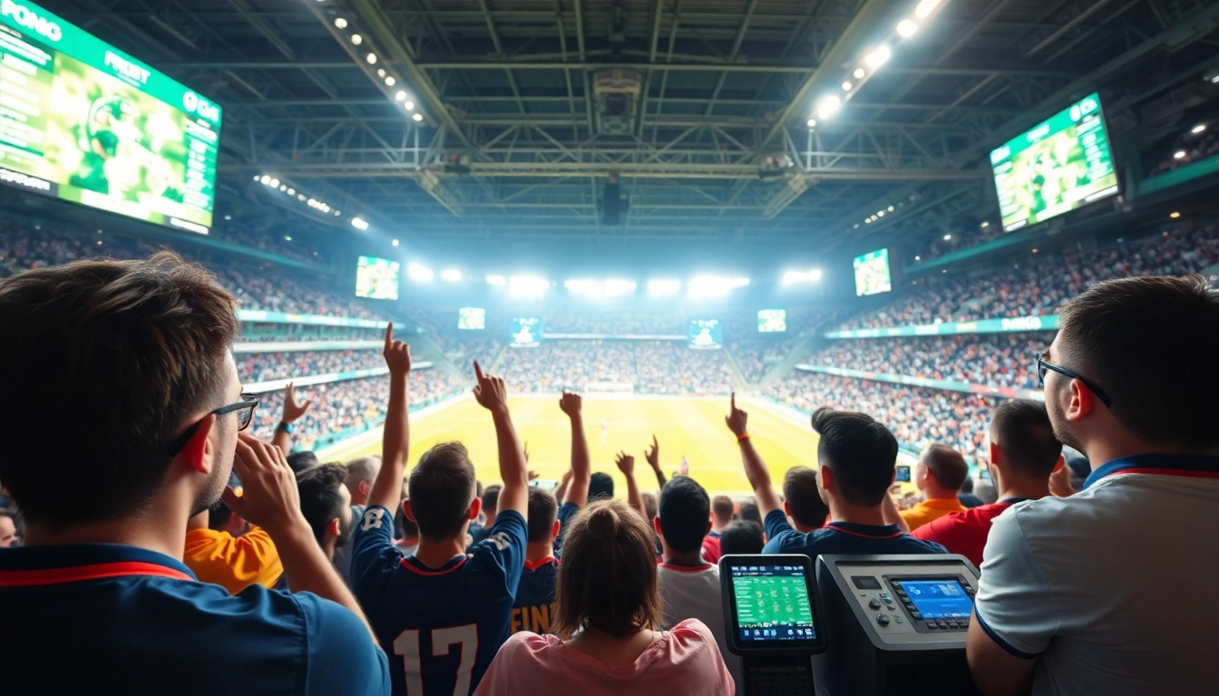 Kèo nhà cái scene showcasing enthusiastic fans engaged in sports betting during a live football match.