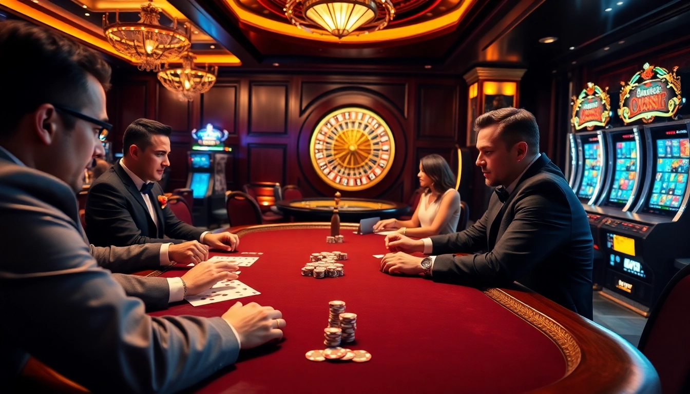 Scène intense de jeu de poker sur un site de casino en ligne, mettant en avant des joueurs, un cadre luxueux et des jetons de poker vibrants.
