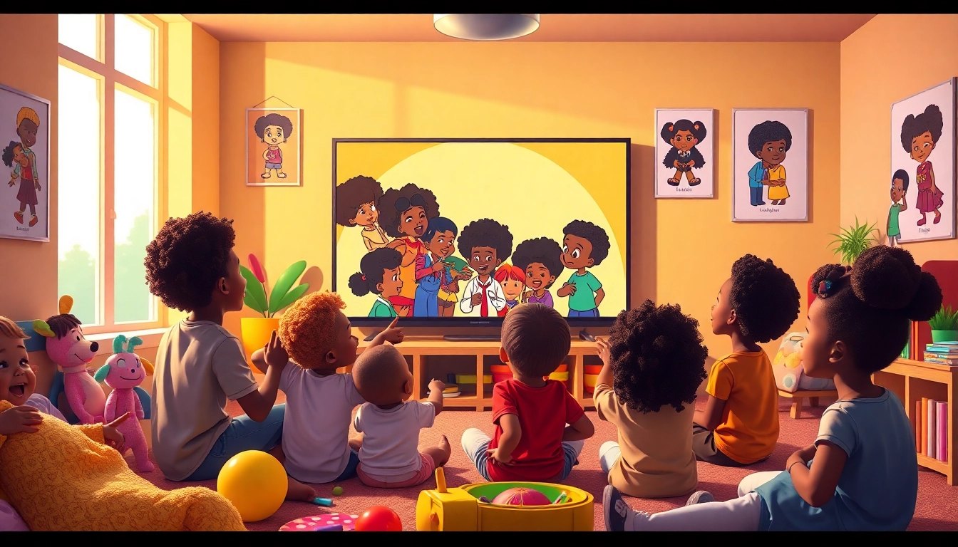 A group of children enjoying African American cartoons in a colorful playroom, promoting diversity and joy.