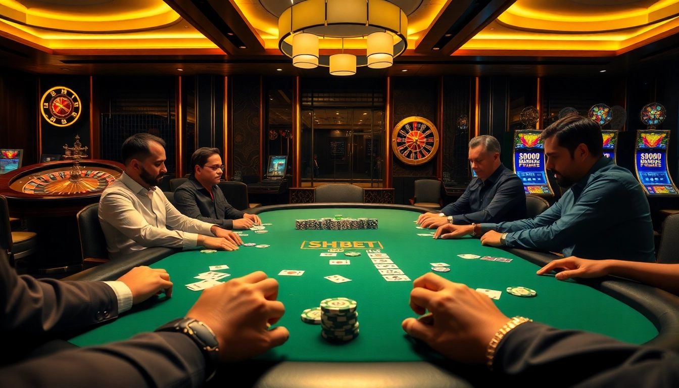 Players enjoying an intense poker match at SHBET's luxurious casino table.