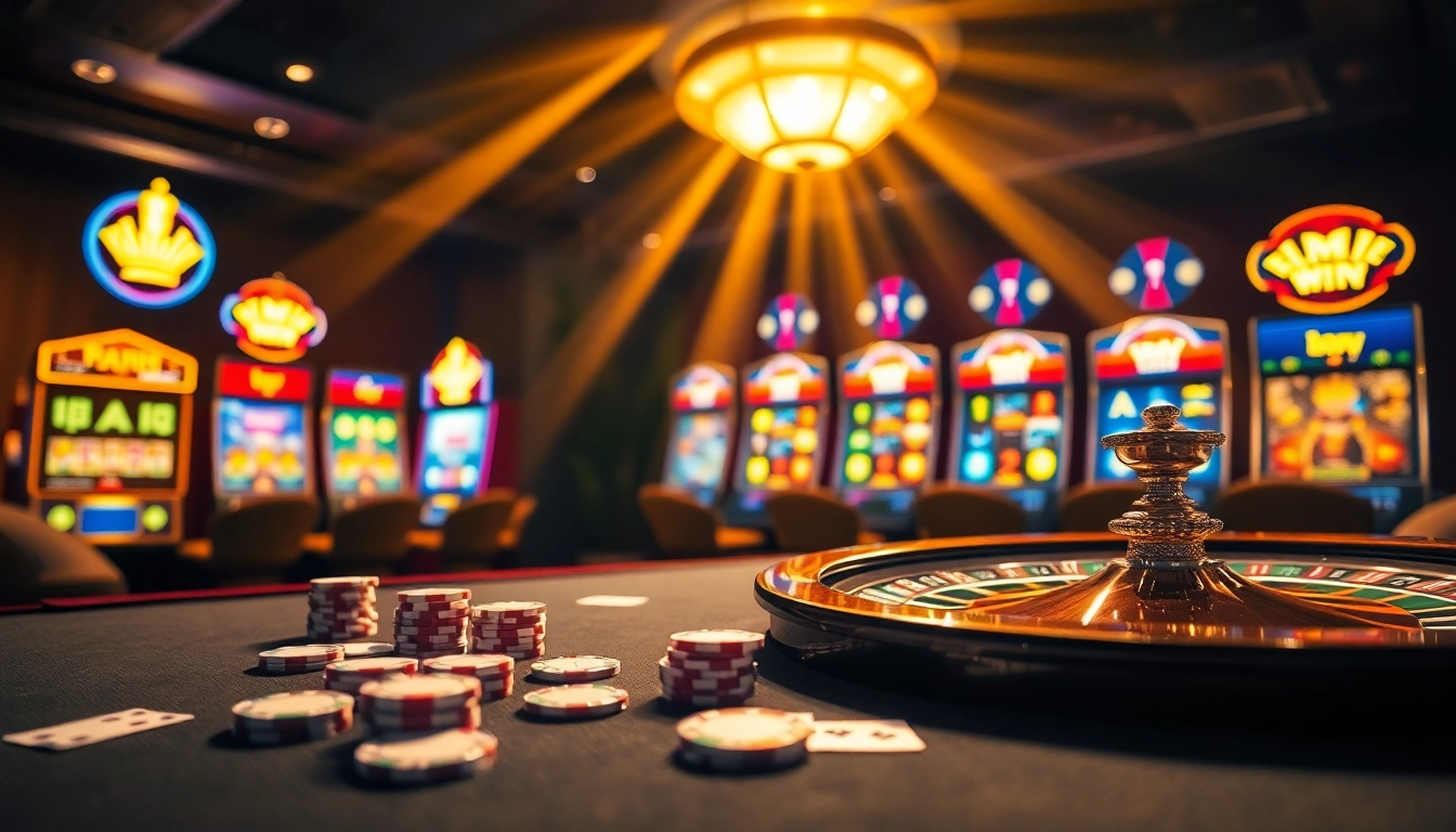 Rejoignez l'excitation du site de casino en ligne avec des jetons de poker luxueux et une roue de roulette lumineuse.