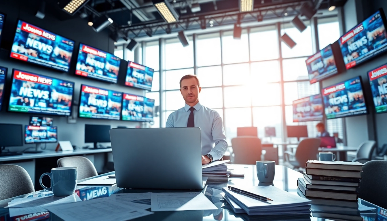 See news headlines on screens while a journalist types at a desk in a modern newsroom.