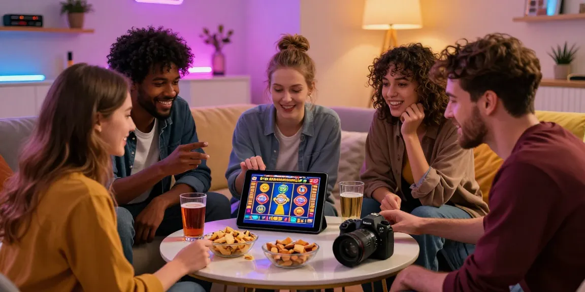 Friends enjoying new online casinos in the UK on a tablet, featuring vibrant gaming graphics and a lively atmosphere.