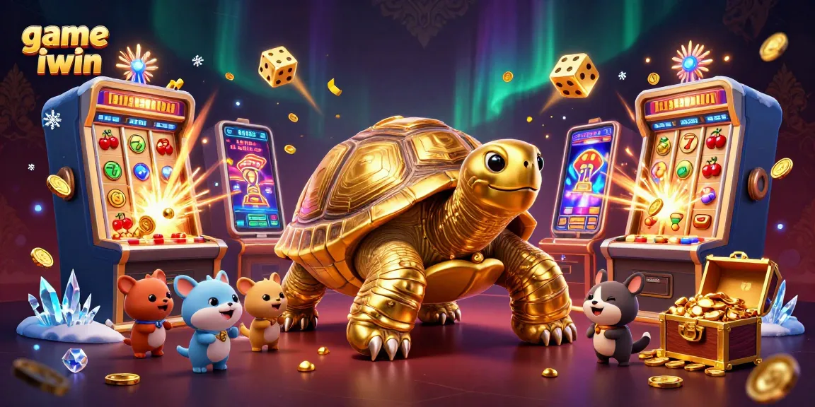 Experience game iwin excitement with a dynamic cartoon scene of golden tortoise, slot machines, and treasures.