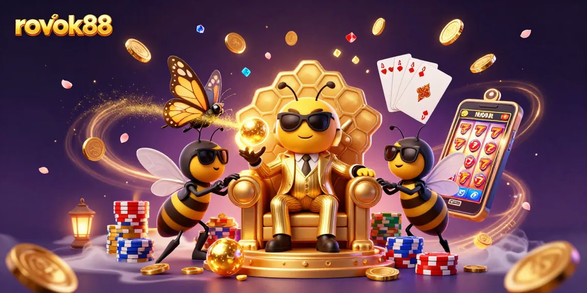 Spin the reels at rokok88 with a bumblebee mob boss overseeing the casino excitement, surrounded by golden treasures.