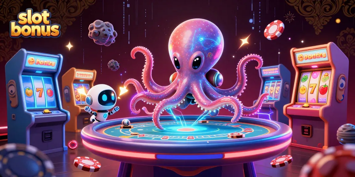 Explore the vibrant scene of a slot bonus with an alien octopus and robot at a holographic poker table