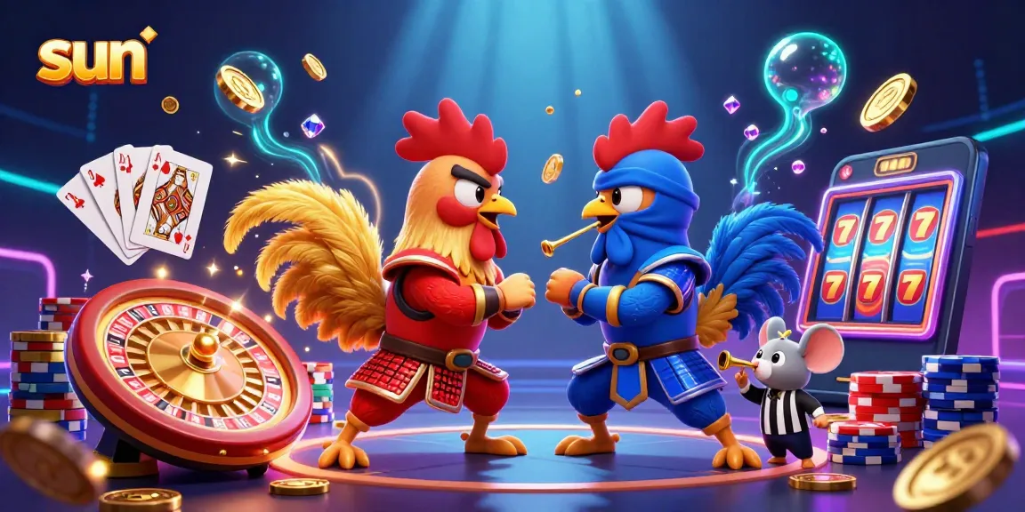 Bet on intense rooster battles amid cascading gold and gems in the sun-themed casino.