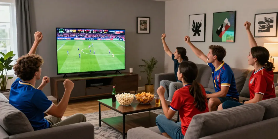 Fans enjoying kora live match in a lively living room with snacks and team jerseys