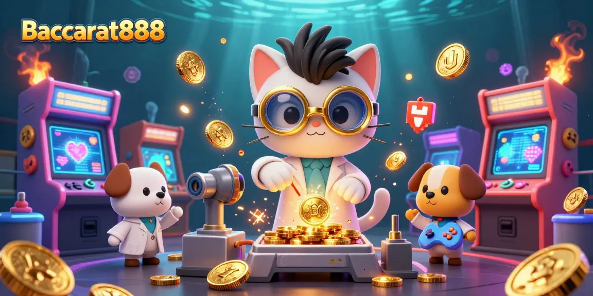 Engage in thrilling Baccarat888 gameplay amid a vibrant casino-themed scene with cartoon characters.