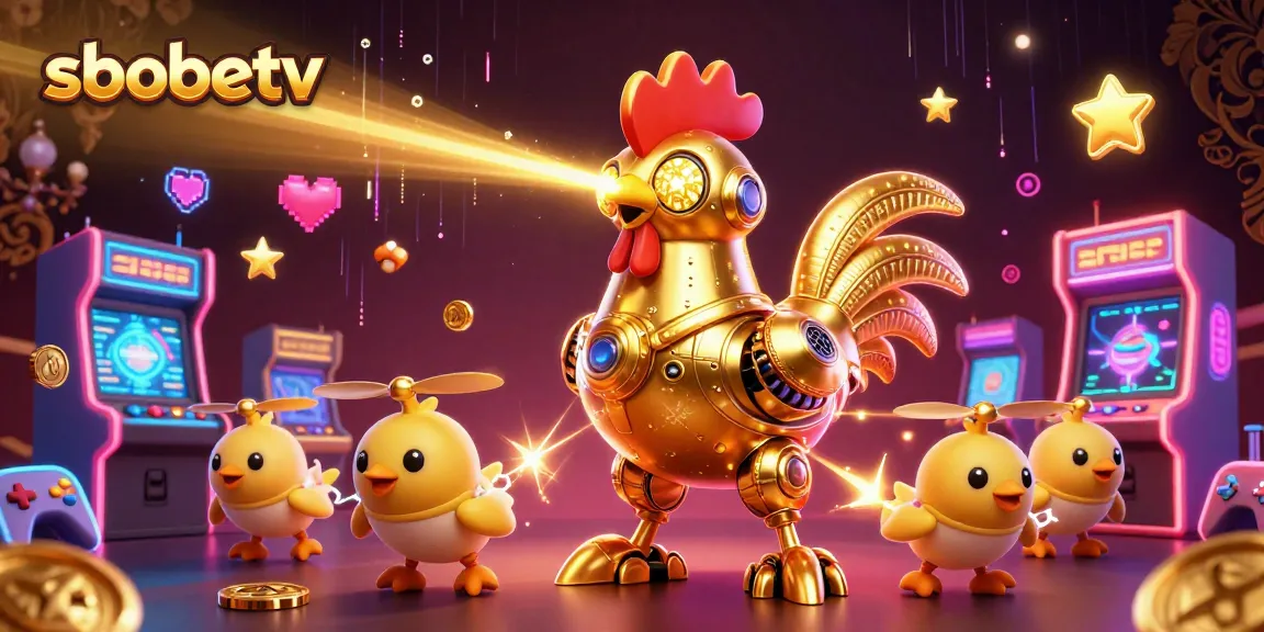Engage with sbobetv in a vibrant 3D casino scene featuring a futuristic golden rooster robot and baby chick drones.