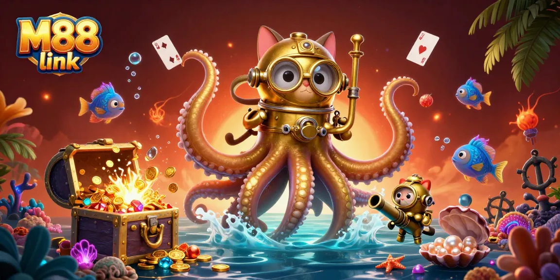 M88 link showcases exciting underwater casino elements with a vibrant kraken and diving cat.