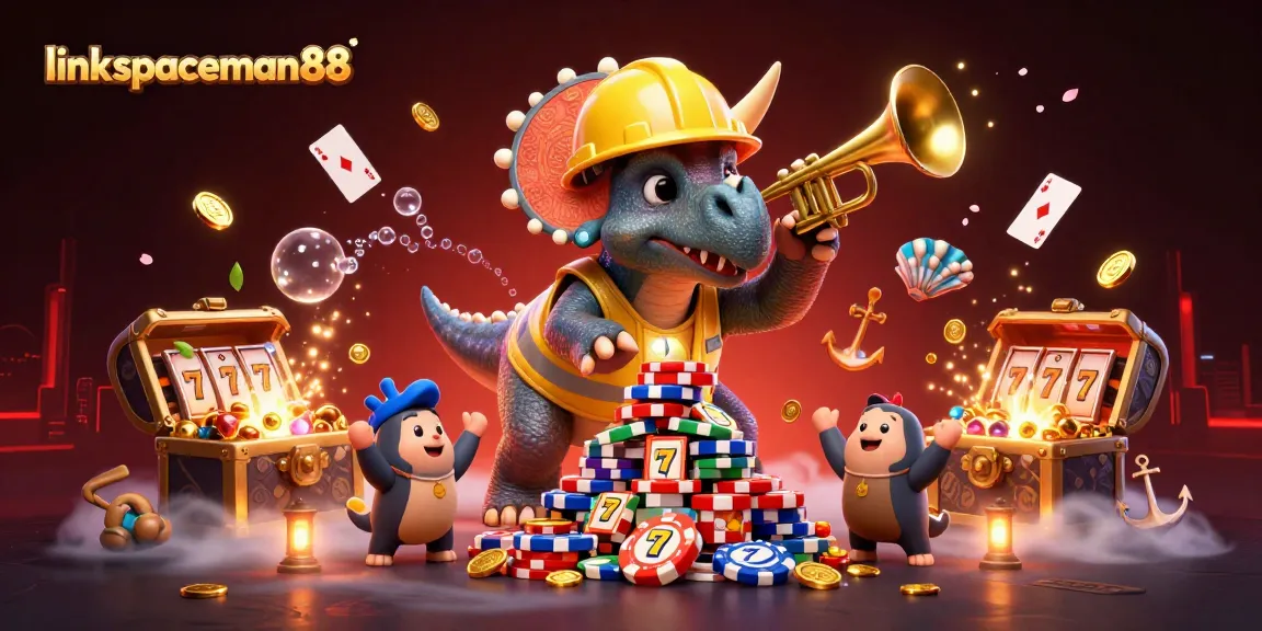 Celebrate winning with link spaceman88 as a triceratops builds poker chip pyramid amidst vibrant slot game elements.